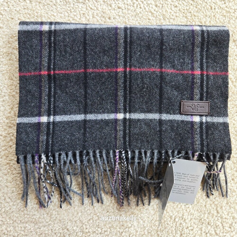 NWT Wool Cashmere Scarf Plaid Grey Red Hickey Freeman
